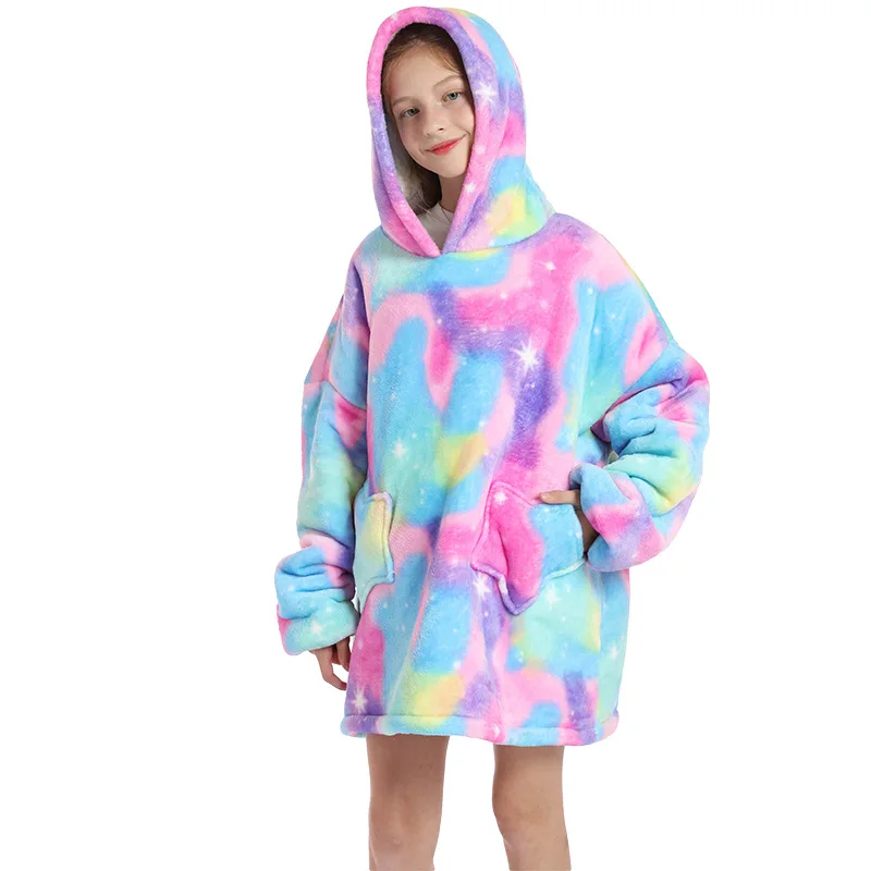 Inverno caldo pile un pezzo felpe con cappuccio bambini oversize felpa con cappuccio indossabile TV coperte ragazzi mucca rana cane Kigurumi felpa con cappuccio 4