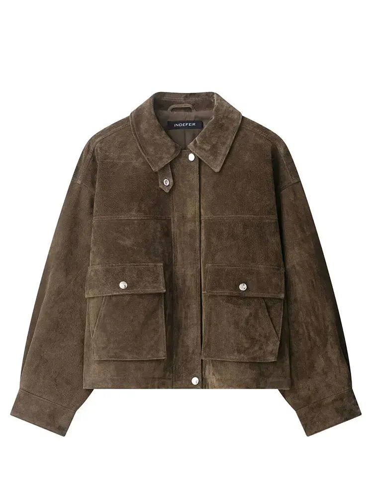 Giacca in pelle scamosciata da donna vintage con risvolto solido con cerniera maniche lunghe tasche cappotto 2025 autunno casual High Street Lady Outwear 2