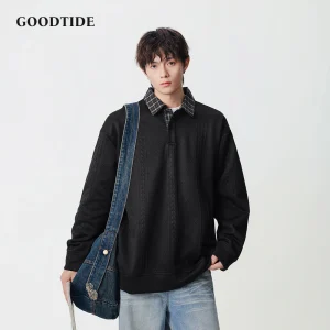 Polo casual a maniche lunghe da uomo 2025 Nuovo colletto scozzese Design con motivo strutturato Vestibilità ampia Moda Autunno Inverno Abbigliamento quotidiano Top 1