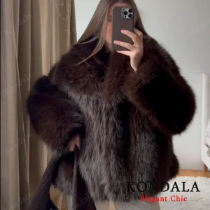 Cappotto di pelliccia marrone scuro Donna Autunno Inverno Cappotto casual caldo Risvolto Cappotto allentato in pelliccia sintetica 2025 Cappotto femminile elegante di High Street alla moda 1