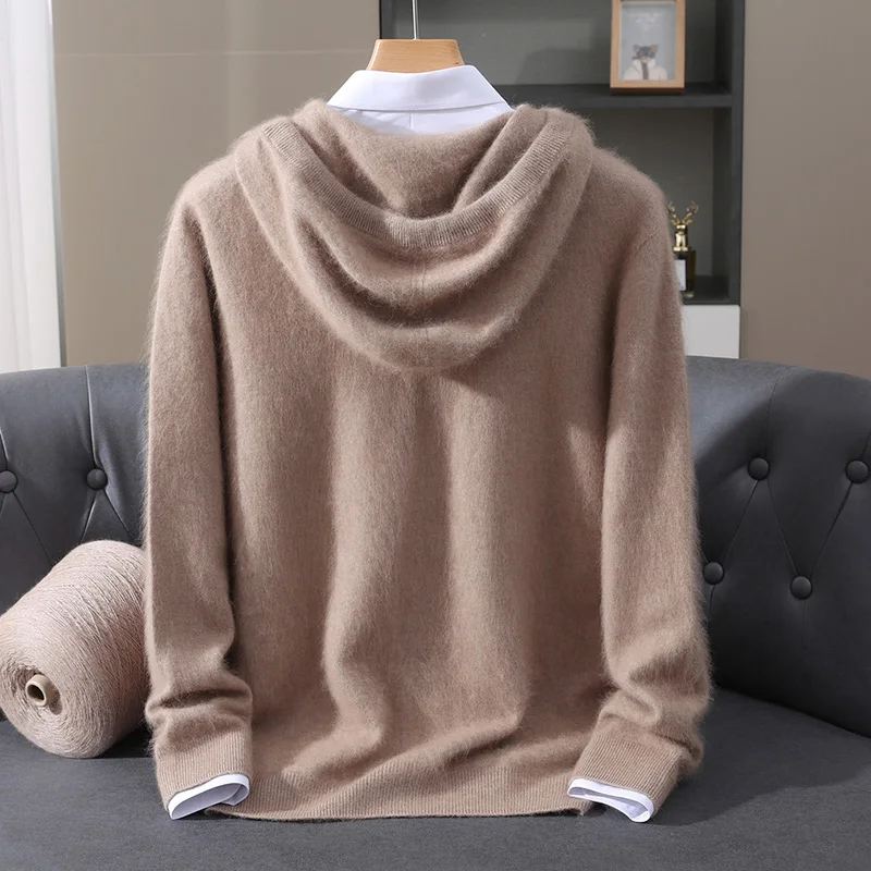 Maglione con cappuccio da uomo autunno inverno 100% maglione di cashmere visone pullover lavorato a maglia casual top lavorato a maglia allentato tinta unita a maniche lunghe 2