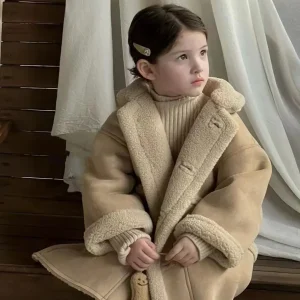 Cappotto da ragazza in lana di agnello spessa velluto color cammello giacca calda abbigliamento invernale nuovo bambino moda per bambini outfit cardigan caldo per bambini 1