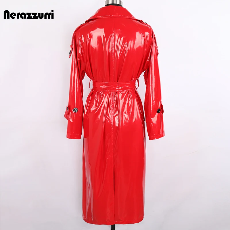 Trench Nerazzurri autunno lungo rosso impermeabile lucido riflettente in pelle verniciata per donna doppio petto Plus Size moda 2