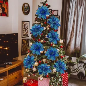 Fiore di Natale glitter blu 2024 Albero di Natale Ornamenti di fiori artificiali Buon Natale Decorazione fai da te Casa Felice festa di Capodanno 1