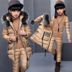 Set di abbigliamento per ragazza per la Russia giacca invernale con cappuccio + pantaloni in cotone caldo Top 3 pezzi cappotto con cappuccio in pelliccia 1