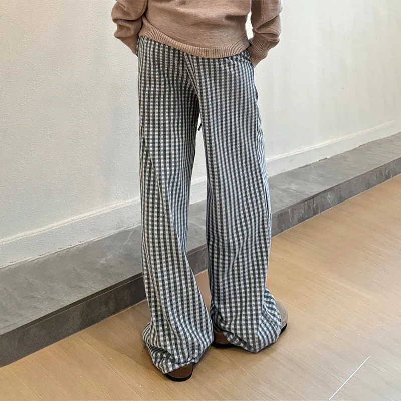 Pantaloni dritti scozzesi rosa da donna autunno inverno Pantaloni a gamba larga con coulisse a vita alta 2025 Harajuku Y2K Abiti da donna da strada 5