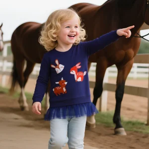 Felpa con cappuccio a maniche lunghe da ragazza, girocollo blu scuro, stampa animalier, volant velati, pullover casual autunno/inverno all'aperto 1