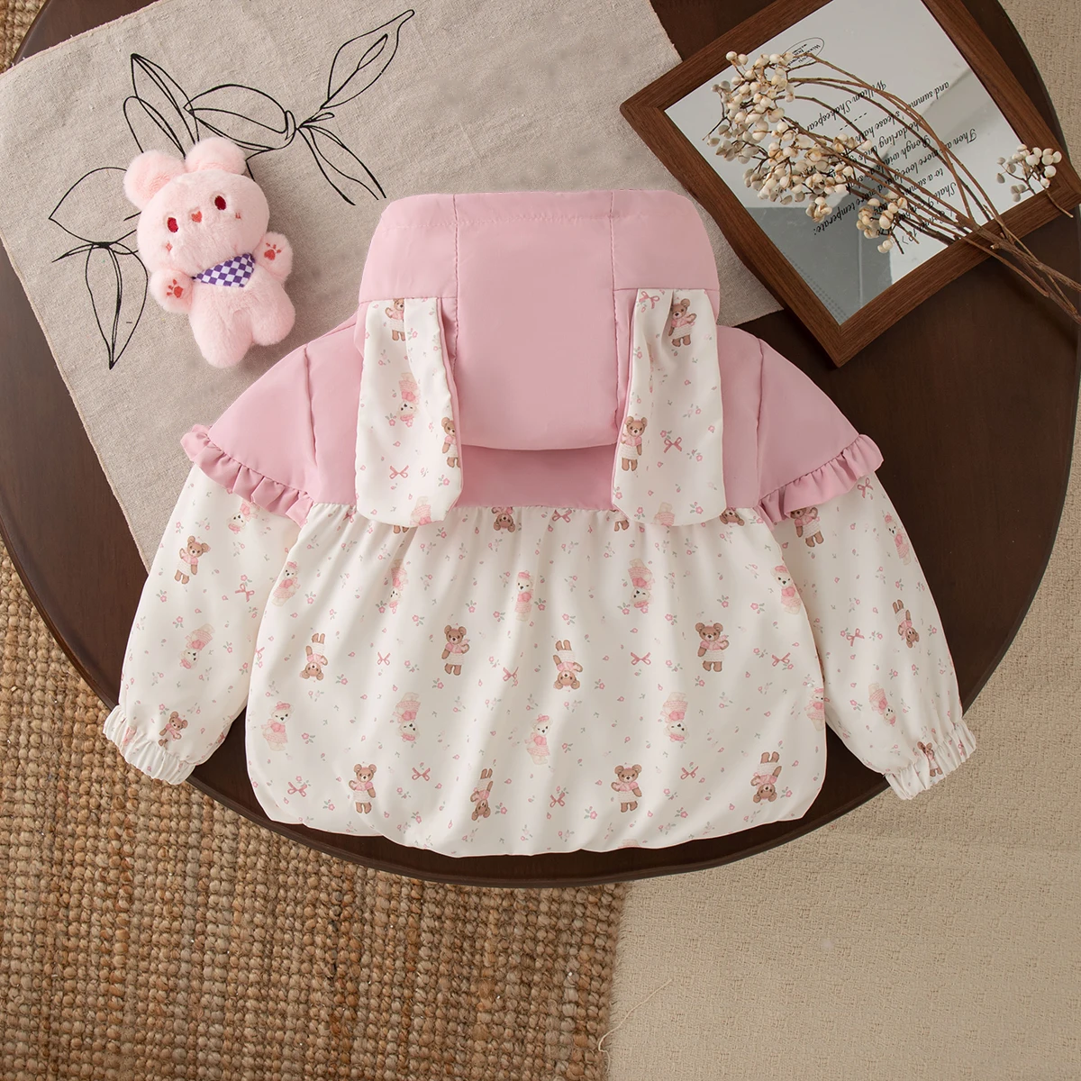 Cappotto da ragazza Primavera/Autunno Giacca da bambino e per bambini con cappuccio in cotone floreale Capispalla per bambini con orecchie carine Vestiti per bambina 2