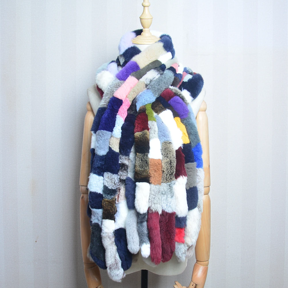 Sciarpa da donna di lusso Classica 8 barre verticali Sciarpa avvolgente Sciarpe lunghe Moda donna Inverno Sciarpe di pelliccia di coniglio Rex Sciarpe a scialle 5