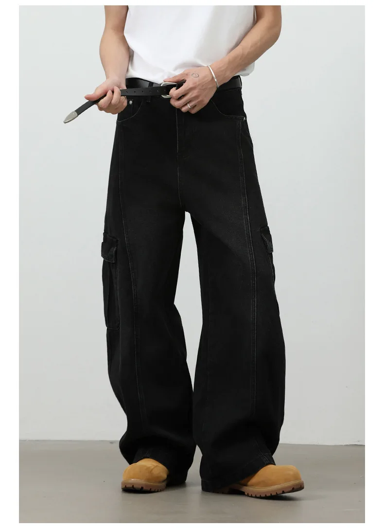 Pantaloni jeans cargo da uomo Jeans larghi neri da uomo Pantaloni larghi di fascia alta Jeans classici a 2 tasche Pantaloni da uomo alla moda streetwear 5