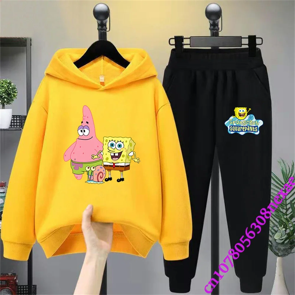 Spongebob primavera e autunno abbigliamento per bambini ragazzi e ragazze maglione vestito 2 pezzi stampa cartone animato maglione abbigliamento sportivo pantaloni 1