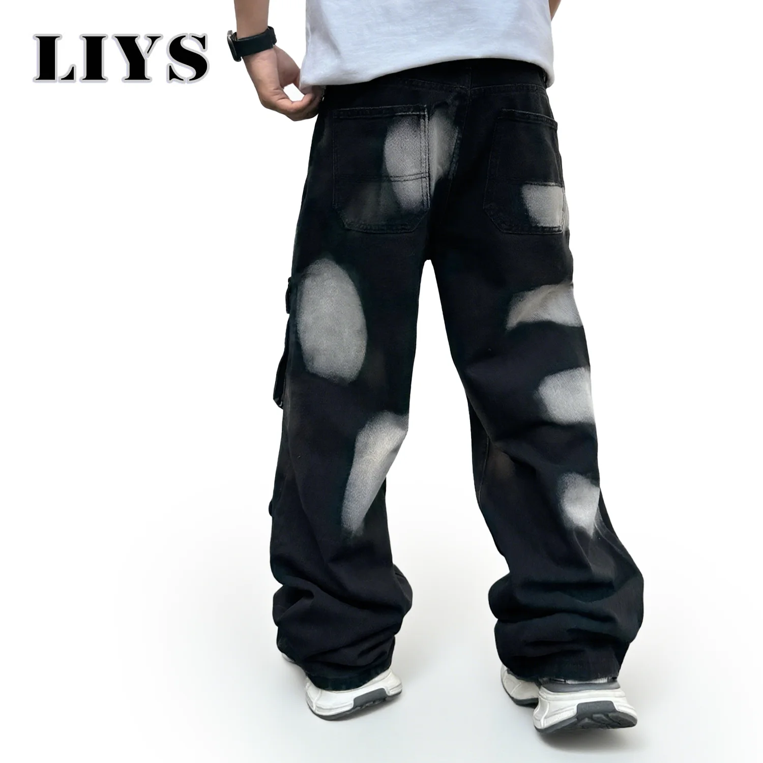 Jeans da lavoro a gamba dritta neri da uomo autunno inverno 2025 con tasche multiple Pantaloni in denim maschile con inchiostro spruzzato stile High Street 6