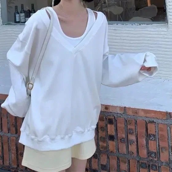 Felpa da donna allentata a maniche lunghe con spalle scoperte Design sottile Senso Autunno Inverno Nuovo stile Top casual alla moda 3