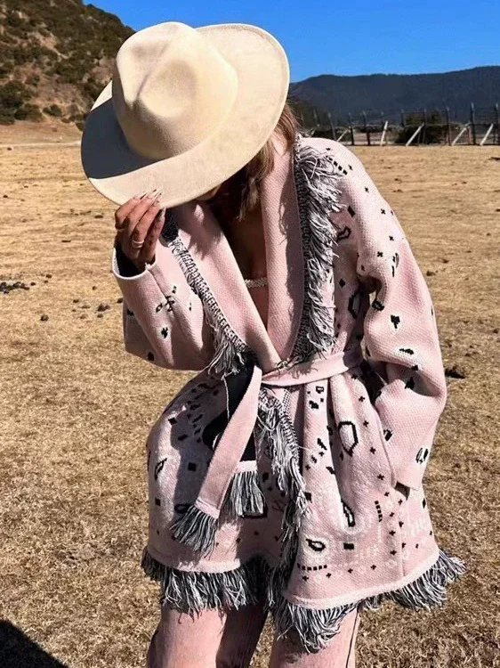 Cardigan da donna in cashmere con cintura elegante ispirato a Boho da donna Cardigan in maglia grigia jacquard con nappe di lana di alta qualità lungo oversize 3