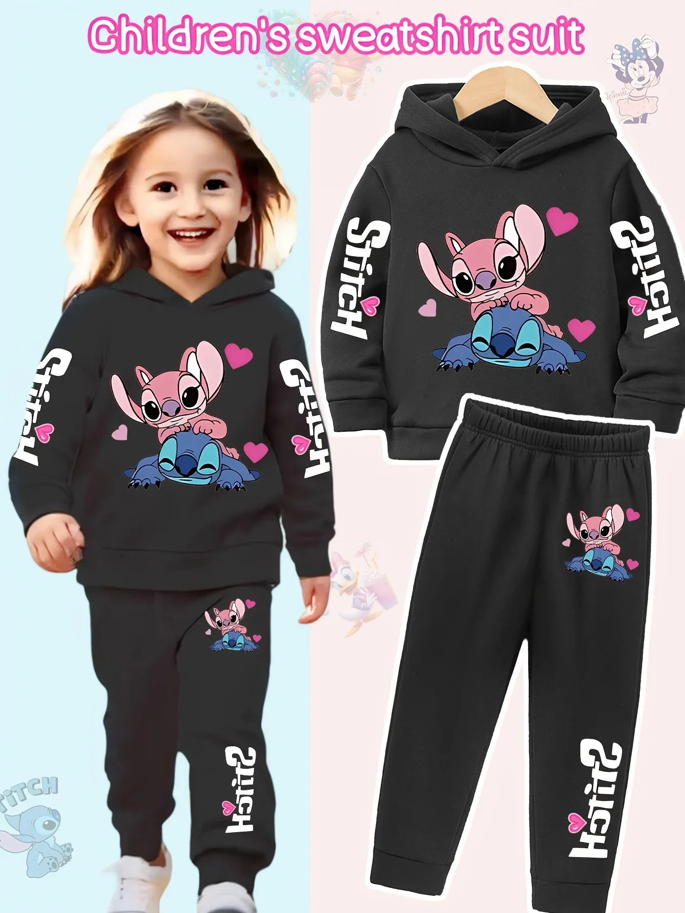 2025 Y2k Abbigliamento in due pezzi Felpa con cappuccio Lilo e Stitch Felpa per bambini a maniche lunghe per ragazze + Pantaloni Set per abbigliamento per neonati 3