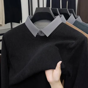 Nuovo maglione lavorato a maglia con risvolto da uomo per l'autunno e l'inverno 2025, maglione casual con colletto a camicia in due pezzi 1