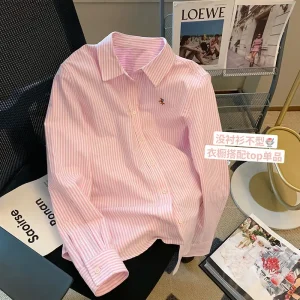 Camicia a bottone con collo a Polo a righe top manica lunga allentata camicetta High Street All-match moda Casual primavera nuovo abbigliamento donna 1
