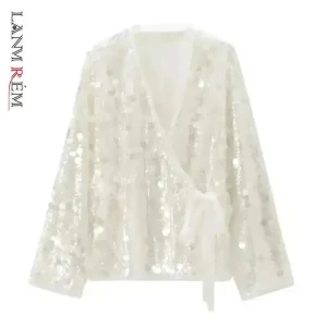 LANMREM Moda Paillettes Camicia Donna Scollo a V Manica intera Lace-up Tinta unita Outwear Nuovo 2025 Abbigliamento femminile allentato 32S1240 1