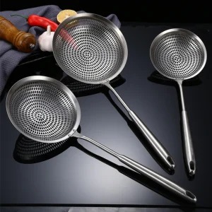 Grande colino in acciaio inox fori fini Skimmer manico lungo patatine fritte colino Gadget per la casa utensili da cucina utensili da cucina 1