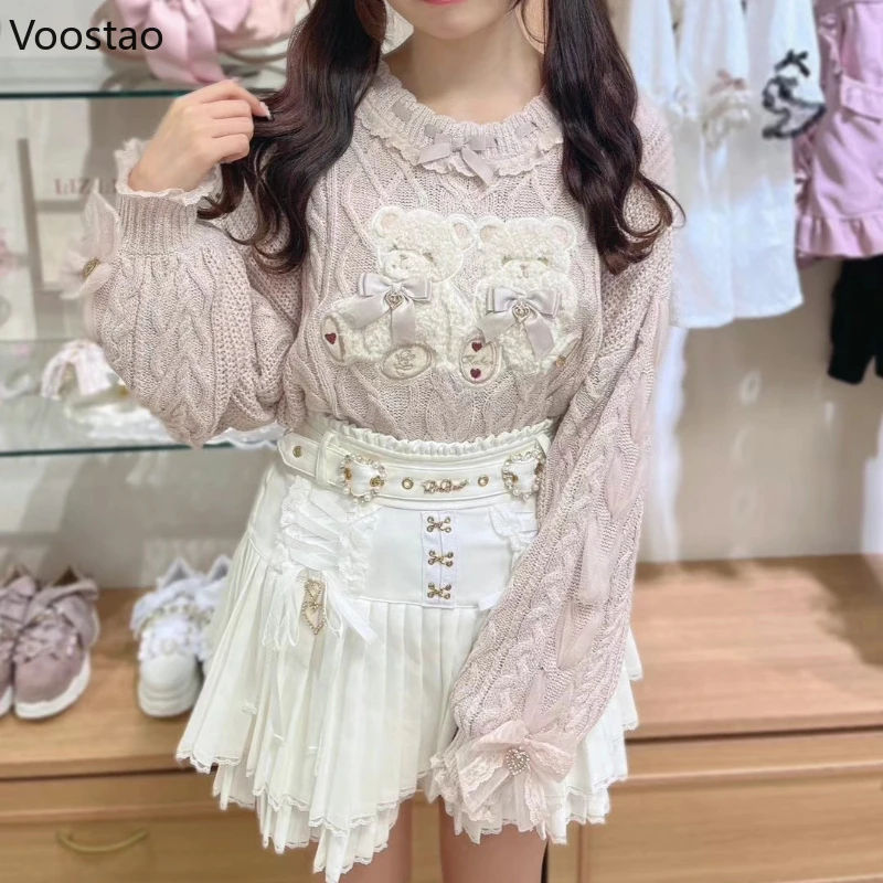 Pullover lavorato a maglia stile Sweet Lolita vintage per ragazze simpatico orso di peluche cartone animato ricamo fiocco maglione donna maglieria Harajuku top 5