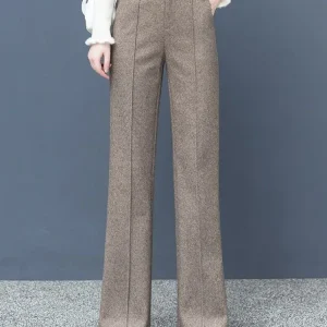 Pantaloni a gamba larga in tessuto di lana a spina di pesce Donna Autunno e inverno 2025 Pantaloni a vita alta Pantaloni da donna in vita elastica sottile vintage 1