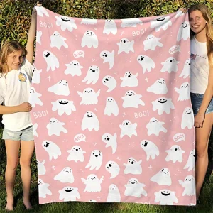 1 pezzo di coperta rosa di Halloween con fantasmi e BOO! , Coperta in flanella, coperta regalo di Halloween. 1