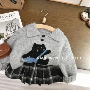 Autunno Inverno Abbigliamento per bambini Cotone Gatto Jacquard Colletto rovesciato Kid Girl Maglione Abiti Plaid larghi Gonne per bambina 1