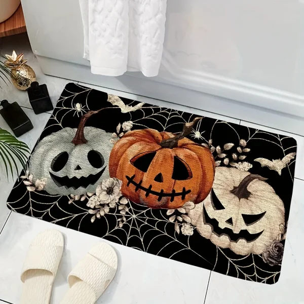 Tappeto decorativo con zucca di Halloween Tappetino con design a ragnatela di zucca nera Tappetino decorativo per porta d'ingresso spaventoso e spettrale 2