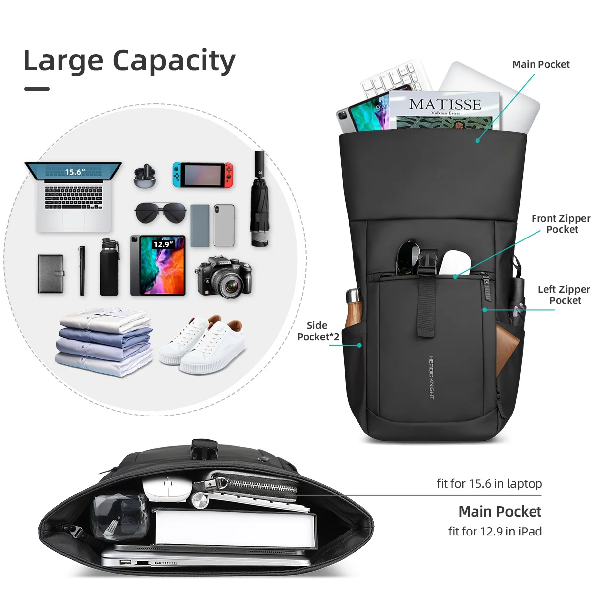 Zaino per laptop Rolltop Heroic Knight Scomparto espandibile resistente all'acqua Zaino da lavoro elegante da uomo Zaino da viaggio casual 4