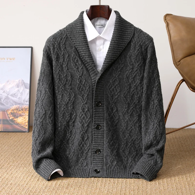 2025 Autunno Inverno Nuovo Cinque Aghi di Spessore 100% Maglione di Lana Merino da Uomo Risvolto Cardigan in Maglia Business Casual Camicia Calda Menswear 4