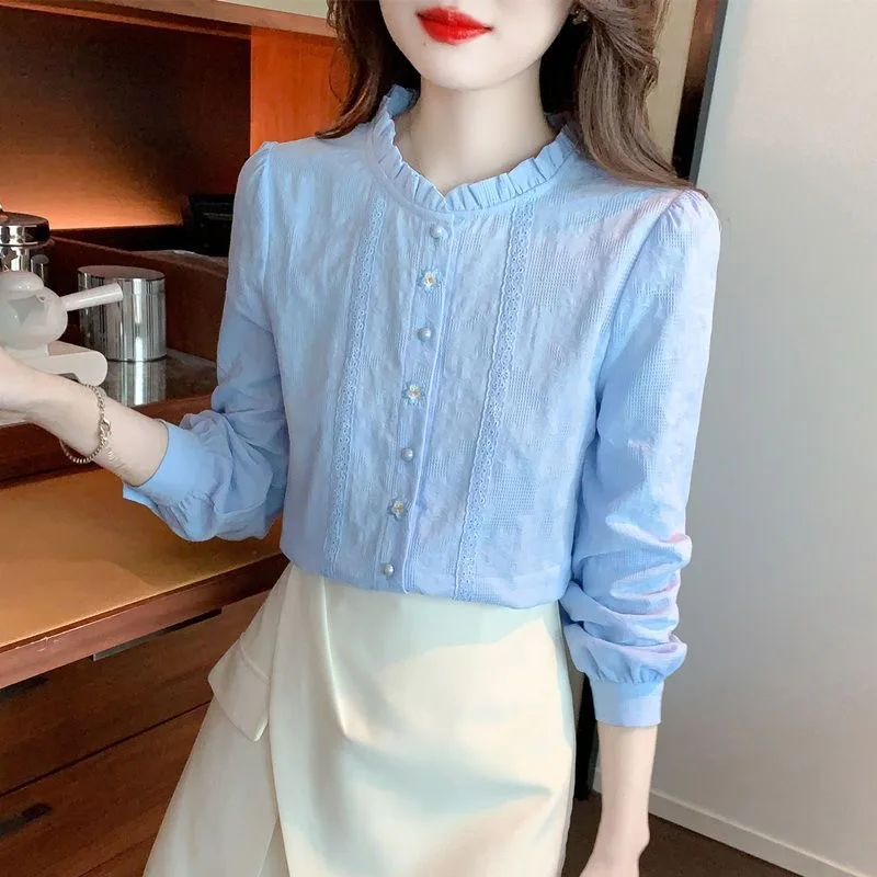 Ricamo Donna Primavera Autunno Camicette Camicie Lady Casual Manica lunga Colletto alla coreana Tinta unita Blusas Top DF4774 3