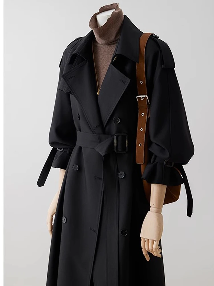 Lautaro Primavera Autunno Trench lungo kaki oversize per donna Cappotto doppio petto allentato casual nero moda coreana 2025 5