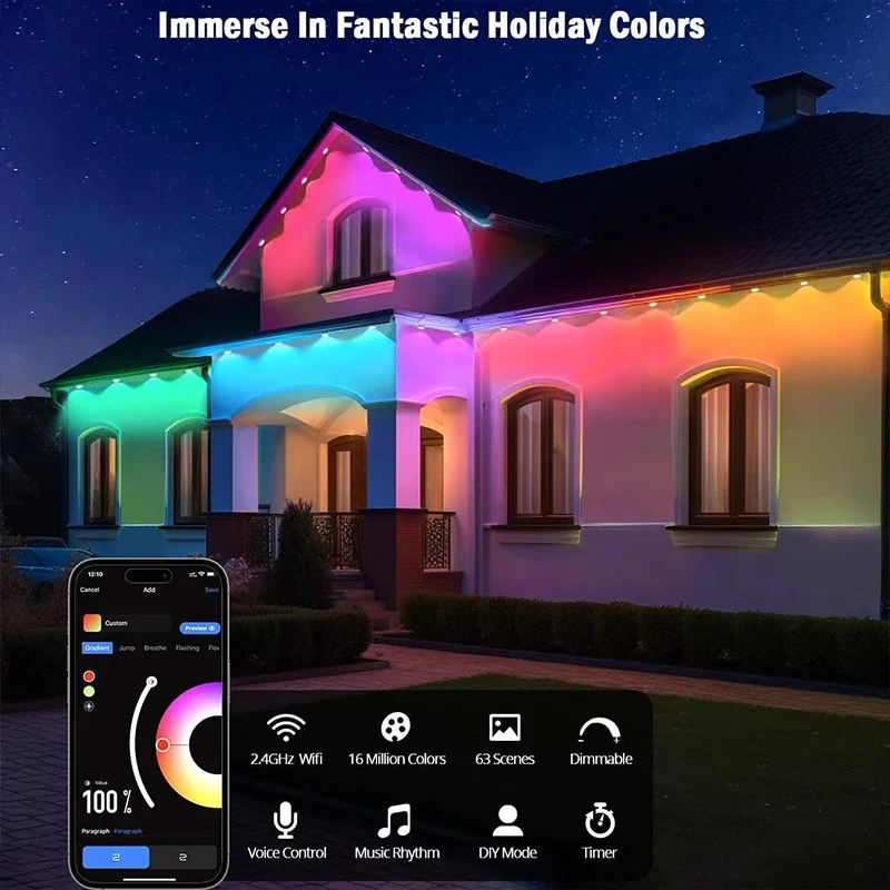 Luci esterne permanenti con app e telecomando RGB Smart Eaves Lampada LED IP67 Impermeabile Controllo vocale Sincronizzazione musicale Festa di festa fai-da-te 3