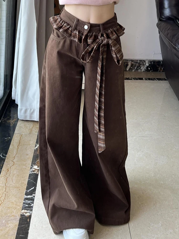 Jeans patchwork con fiocco vintage donna streetwear pantaloni in denim scozzesi larghi a vita alta Y2K pantaloni a gamba larga con cerniera coreana retrò nuovo 4