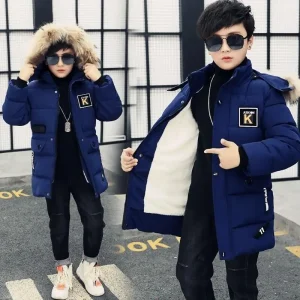 Cappotto lungo da ragazzo Cappotto in cotone 2024 Blu Nero Cachi Caldo addensato Inverno Taglie forti Abbigliamento per bambini 1