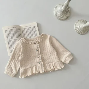 2024 primavera Ins ragazza bambino pizzo maniche lunghe cardigan solido neonato volant cappotto Casual dolce giacca di cotone infantile vestiti per bambini 1