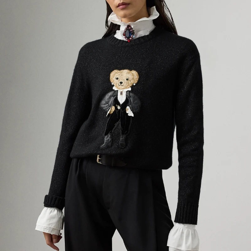 Maglione orso metallizzato per le vacanze del 2025 Pullover lavorato a maglia in cashmere Autunno Inverno Manica lunga Maglieria da donna Top Coat Abiti dalla vestibilità rilassata 1