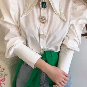 Camicette di lusso con perline eleganti con colletto rovesciato stile francese 2024 Camicie chic da sera casual a maniche lunghe da donna autunno 2024 Top 1