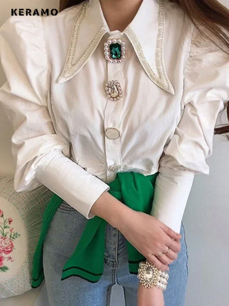 Camicette di lusso con perline eleganti con colletto rovesciato stile francese 2024 Camicie chic da sera casual a maniche lunghe da donna autunno 2024 Top 1