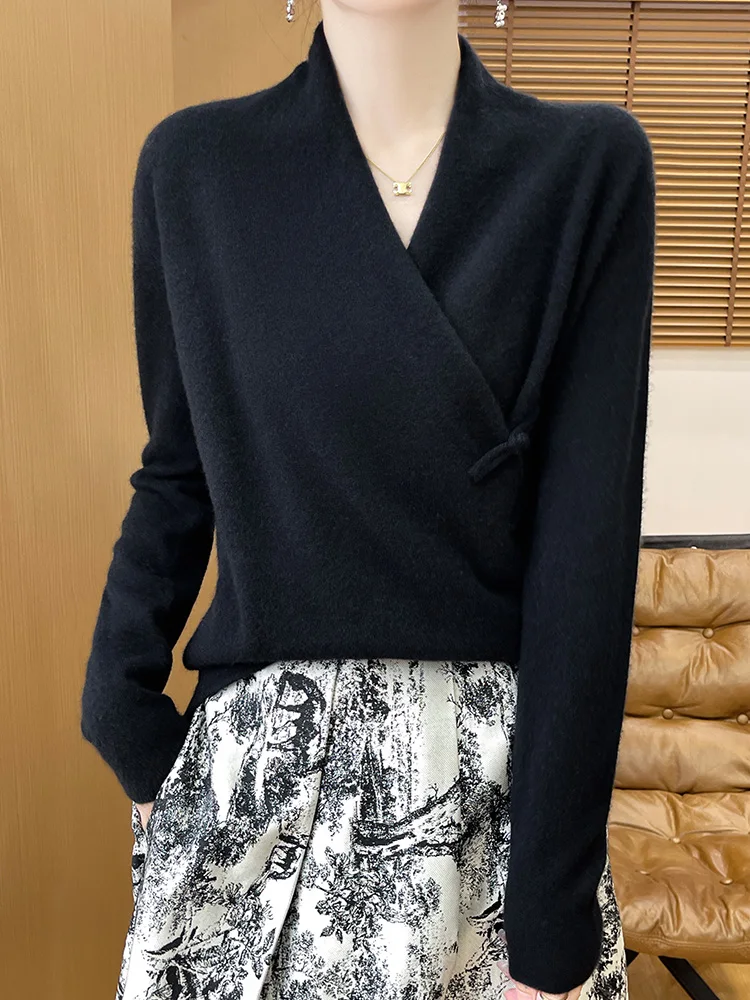 Maglione da donna in stile cinese Pullover Abbigliamento obliquo Autunno Inverno 100% maglione di lana merino con scollo a V Maglia sexy da ufficio Lady Top 5