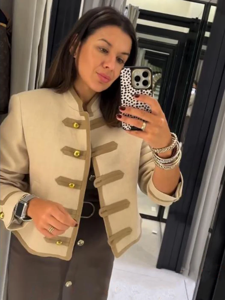 HH Donna Moda invernale Versatile colletto alla coreana Spalla imbottita con nodo in corda Giacca monopetto Cappotto con tasche casual chic femminile 2