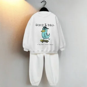 Abbigliamento unisex per bambini Serie bianca Manica lunga O-Collo Top Skateboarding Duck Design Divertimento per i più piccoli Abbigliamento in maglia di cotone 1