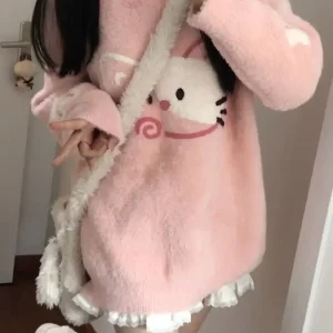 Maglione lavorato a maglia stile dolce scolastico da donna autunno inverno spesso morbido e soffice modello gatto pullover sopra la testa maglieria rosa 1