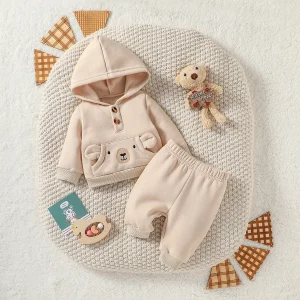 Felpa con cappuccio a maniche lunghe + pantaloni per neonato solido 2 pezzi Antumn/Inverno per neonato-6M Set di abbigliamento carino quotidiano 1