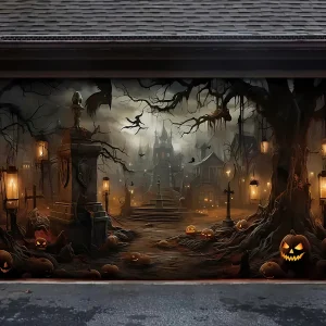 1 banner per porta del garage di Halloween, caratterizzato da città horror e design con testa di zucca, con molteplici dimensioni tra cui scegliere 1