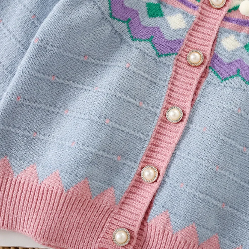 Stile etnico Autunno Inverno Nuovo 2025 Vestiti per ragazze Lavorato a maglia a maniche lunghe Color Bloccato Cardigan Top + Gonna corta Set a due pezzi 6