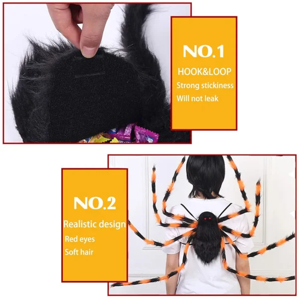 Spaventoso costume da ragno di Halloween 2 in 1 LED per cosplay, costume da zaino da ragno in peluche con luce viola 5