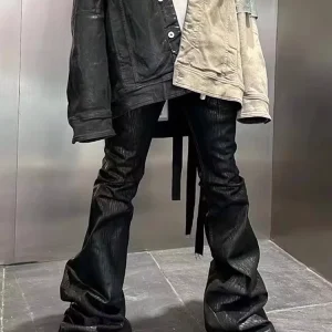 Jeans streetwear in pelle cerata nera per uomo Ropa Hombre Pantaloni svasati larghi Y2k Pantaloni in denim dritti oversize 1
