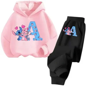 Autunno Inverno Stitch Disney Manica lunga Ragazzi Ragazze Set per bambini Moda casual Cartoon Lettera Felpe con cappuccio Set Pantalone Tute 1