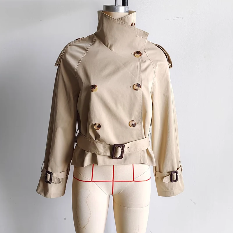 YENKYE Vintage doppio petto con cintura giacca a vento corta per donna manica lunga collo alto moda elegante cappotto femminile da strada 6